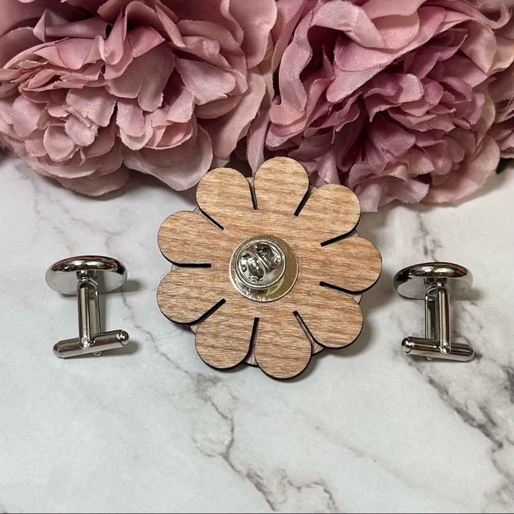 Handmade Wood Butterfly Bow Tie Cufflinks Blue Pocket Square & Boutonnière Set - Picture 11 of 16